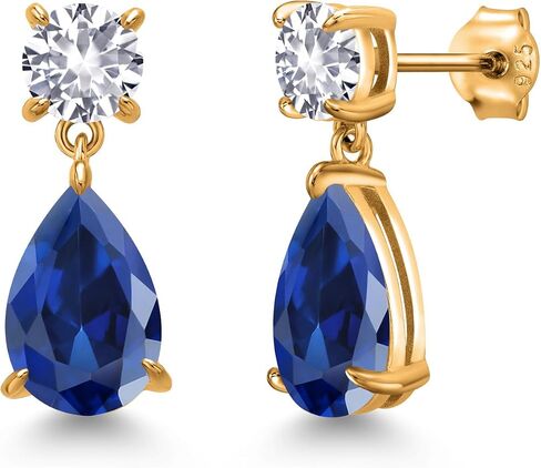 Gem Stone King 18K Yellow Gold Plated Silver Blue Created Sapphire and White Created Sapphire Teardrop Dangle Drop Earrings For Women (9.14 Cttw, Gemstone Birthstone, Pear Shape 12x8MM, Round 6MM) in Kuwait