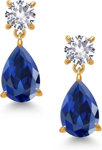 Gem Stone King 18K Yellow Gold Plated Silver Blue Created Sapphire and White Created Sapphire Teardrop Dangle Drop Earrings For Women (9.14 Cttw, Gemstone Birthstone, Pear Shape 12x8MM, Round 6MM) in Kuwait