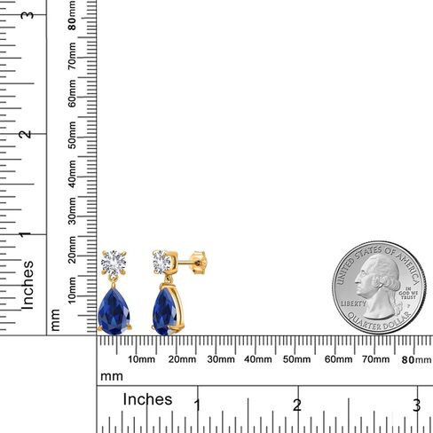 Gem Stone King 18K Yellow Gold Plated Silver Blue Created Sapphire and White Created Sapphire Teardrop Dangle Drop Earrings For Women (9.14 Cttw, Gemstone Birthstone, Pear Shape 12x8MM, Round 6MM) in Kuwait