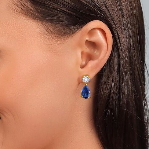 Gem Stone King 18K Yellow Gold Plated Silver Blue Created Sapphire and White Created Sapphire Teardrop Dangle Drop Earrings For Women (9.14 Cttw, Gemstone Birthstone, Pear Shape 12x8MM, Round 6MM) in Kuwait