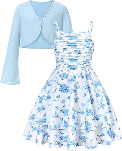 Girls Spaghetti Strap Dresses Flowy A Line Summer Dresses for Teen Girl 7-14Y Sundress Cardigan Outfit in Kuwait