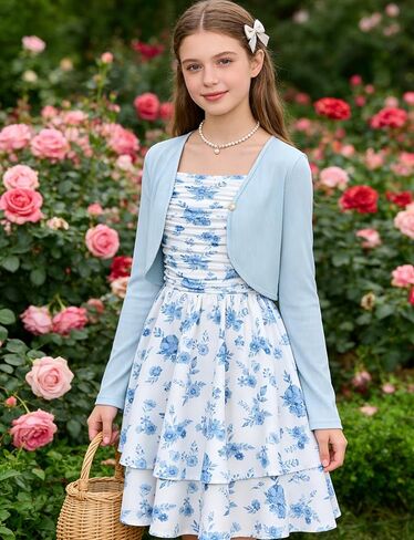 Girls Spaghetti Strap Dresses Flowy A Line Summer Dresses for Teen Girl 7-14Y Sundress Cardigan Outfit in Kuwait