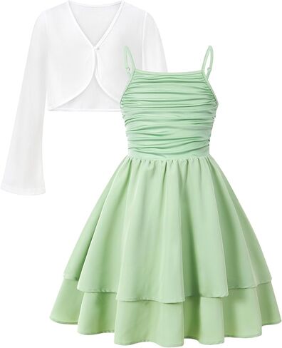 Girls Spaghetti Strap Dresses Flowy A Line Summer Dresses for Teen Girl 7-14Y Sundress Cardigan Outfit in Kuwait
