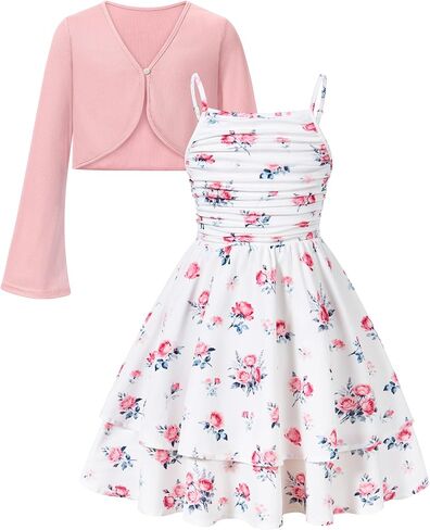 Girls Spaghetti Strap Dresses Flowy A Line Summer Dresses for Teen Girl 7-14Y Sundress Cardigan Outfit in Kuwait