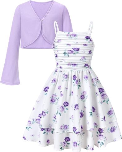 Girls Spaghetti Strap Dresses Flowy A Line Summer Dresses for Teen Girl 7-14Y Sundress Cardigan Outfit in Kuwait