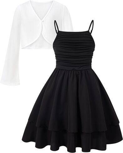 Girls Spaghetti Strap Dresses Flowy A Line Summer Dresses for Teen Girl 7-14Y Sundress Cardigan Outfit in Kuwait