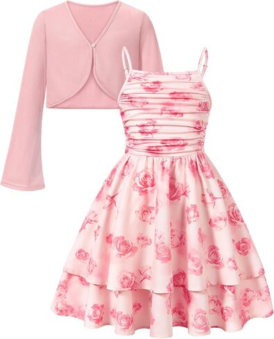 Girls Spaghetti Strap Dresses Flowy A Line Summer Dresses for Teen Girl 7-14Y Sundress Cardigan Outfit in Kuwait