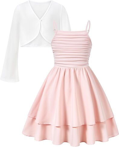 Girls Spaghetti Strap Dresses Flowy A Line Summer Dresses for Teen Girl 7-14Y Sundress Cardigan Outfit in Kuwait