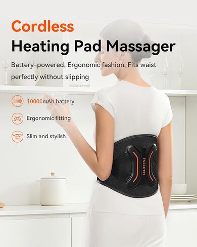 وسادة تدفئة لاسلكية من IKEEPFIT مع مدلك لتخفيف آلام الظهر: MAXwarm® 4.0، دعامة خلفية محمولة ساخنة مع دعم قطني لعرق النسا، بطارية كبيرة 10000 مللي أمبير في الساعة، للنساء والرجال 90-310 رطل in Kuwait