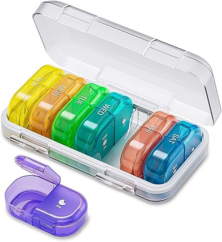 Weekly Pill Organizer, 2 Times a Day Opening & Detachable Medicine Pill Organizer, 7 Colors Large Capacity Daily Pill Box, 14 Days Portable Travel Pill Case (Rainbow + White) in Kuwait