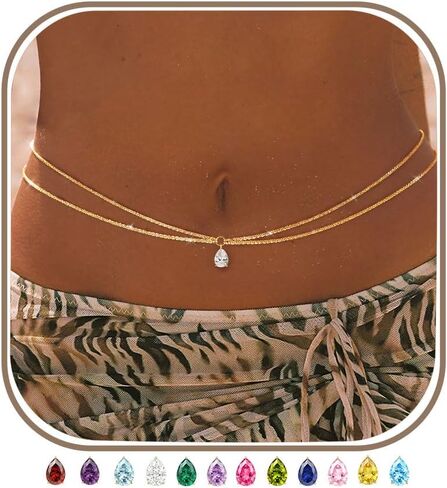 Birthstone Waist Chain for Women 14K Gold Plated Body Chain Adjustable Layered Belly Belt Chains Sparkle Beach Waist Beads Summer Bikini Waterproof Jewelry Accessories for Women Sexy in Kuwait