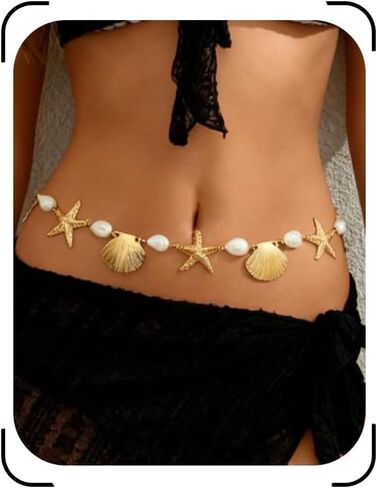 Mermaids Starfish Waist Chain Belt for Women Gold Starfish Shell Belly Chain Body Chain Summer Beach Bikini Surf Jewelry Mermaid Costume Accessories in Kuwait