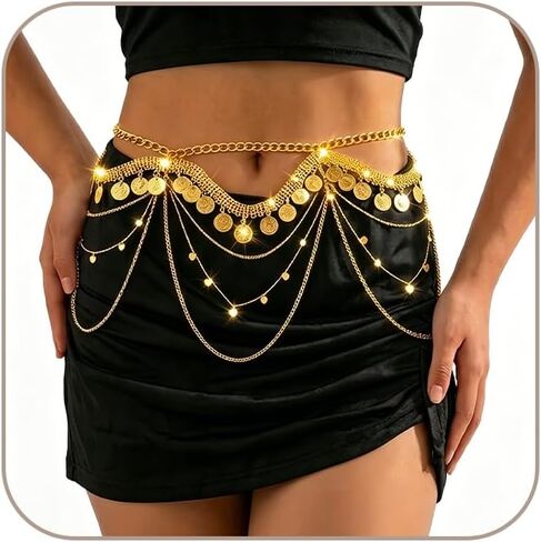 Bohemian Coin Belly Chain for Women, Adjustable Gold Silver Metal Disc Waist Chain Belt, Vintage Layered Body Chain Jewelry for Summer Beach, Music Festivals & Boho Outfits in Saudi Arabia