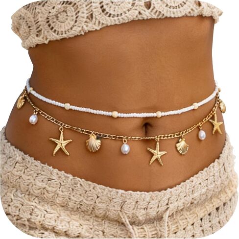 Gold Starfish Waist Beads for Women - Adjustable Layered Waist Chain Bohemian Shell Beaded Bikini Belly Body Chain for Summer Beach Vacation & Boho Accessories in Saudi Arabia
