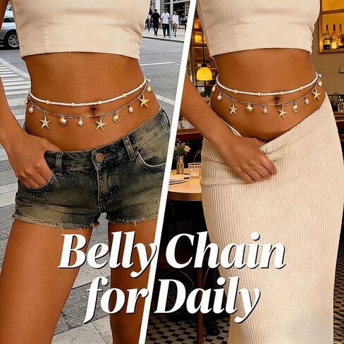 Gold Starfish Waist Beads for Women - Adjustable Layered Waist Chain Bohemian Shell Beaded Bikini Belly Body Chain for Summer Beach Vacation & Boho Accessories in Saudi Arabia