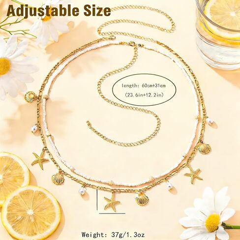 Gold Starfish Waist Beads for Women - Adjustable Layered Waist Chain Bohemian Shell Beaded Bikini Belly Body Chain for Summer Beach Vacation & Boho Accessories in Saudi Arabia