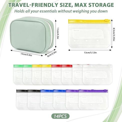 Waterproof Pill Pouch Set-14pcs Bags Inside,A8 Waterproof Pill Organizer Set,Travel Medicine Organizers,Leakproof Reusable Zippered Storage Case for Fish Oils, Vitamins(Green) in Kuwait