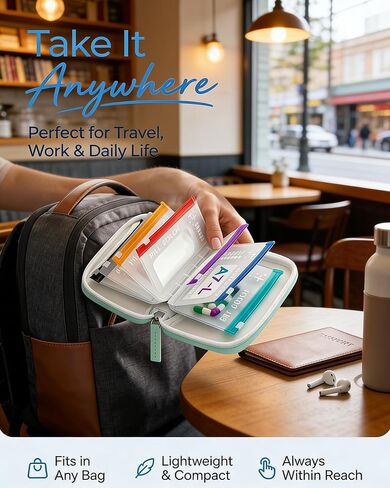 Waterproof Pill Pouch Set-14pcs Bags Inside,A8 Waterproof Pill Organizer Set,Travel Medicine Organizers,Leakproof Reusable Zippered Storage Case for Fish Oils, Vitamins(Green) in Kuwait