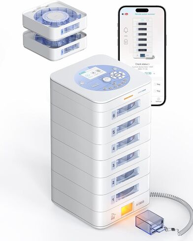 84-Day Automatic Pill Dispenser – App & On-Device Setup by Family, LCD Display, Digital Lock, Sound & Light Alerts – Safe Medication Organizer Management for Seniors (6-Tray) in Saudi Arabia