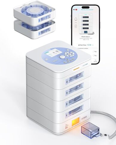56-Day(1X) Automatic Pill Dispenser (Expandable Tray) – App & On-Device Setup by Family, LCD Display, Digital Lock, Sound & Light Alerts –Safe Medication Organizer for Dementia Seniors (4-Tray, White) in Saudi Arabia