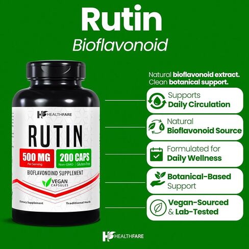 Healthfare Rutin Supplement | 200 Vegan Capsules | Natural Bioflavonoid Formula | Extra Strength | Non-GMO, Gluten-Free | Made in USA in Kuwait