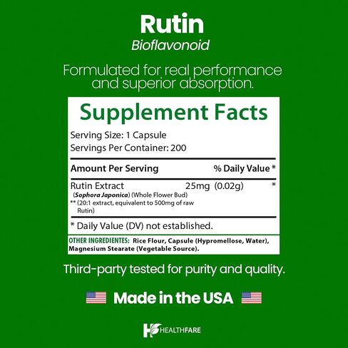Healthfare Rutin Supplement | 200 Vegan Capsules | Natural Bioflavonoid Formula | Extra Strength | Non-GMO, Gluten-Free | Made in USA in Kuwait