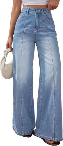 Trendy Queen Women's Wide Leg Baggy Jeans High Waisted Denim Pants Front Seam in Kuwait