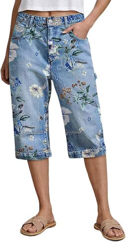 Flamingals Barrel Leg Capri Jeans for Women High Waist Floral Print Flap Pocket High Stretch Denim Pants in Kuwait