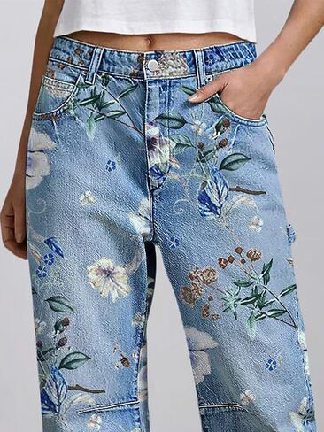Flamingals Barrel Leg Capri Jeans for Women High Waist Floral Print Flap Pocket High Stretch Denim Pants in Kuwait