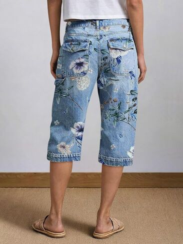 Flamingals Barrel Leg Capri Jeans for Women High Waist Floral Print Flap Pocket High Stretch Denim Pants in Kuwait