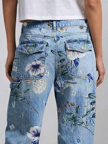 Flamingals Barrel Leg Capri Jeans for Women High Waist Floral Print Flap Pocket High Stretch Denim Pants in Kuwait