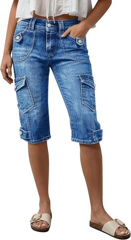 Flamingals Mid Rise Straight Leg Capri Jeans for Women Wash Casual Keen Length Cargo Trendy Denim Jeans with Flap Pockets in Kuwait