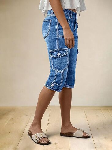 Flamingals Mid Rise Straight Leg Capri Jeans for Women Wash Casual Keen Length Cargo Trendy Denim Jeans with Flap Pockets in Kuwait