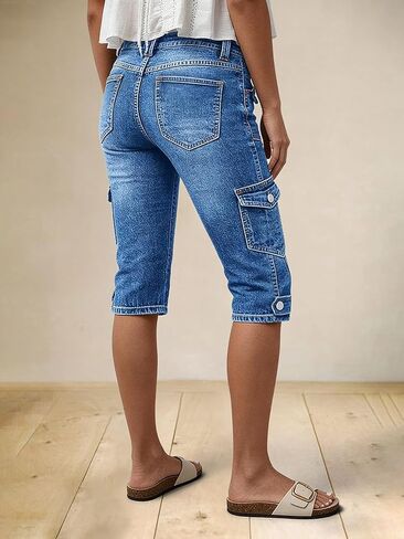 Flamingals Mid Rise Straight Leg Capri Jeans for Women Wash Casual Keen Length Cargo Trendy Denim Jeans with Flap Pockets in Kuwait