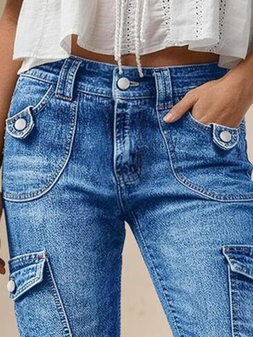 Flamingals Mid Rise Straight Leg Capri Jeans for Women Wash Casual Keen Length Cargo Trendy Denim Jeans with Flap Pockets in Kuwait