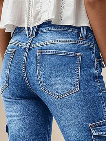 Flamingals Mid Rise Straight Leg Capri Jeans for Women Wash Casual Keen Length Cargo Trendy Denim Jeans with Flap Pockets in Kuwait