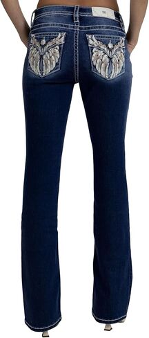 Miss Me Women's Downturned Wings Embellished Faux Flap Pockets Mid-Rise Bootcut Jeans in Kuwait