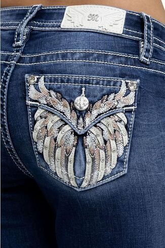 Miss Me Women's Downturned Wings Embellished Faux Flap Pockets Mid-Rise Bootcut Jeans in Kuwait