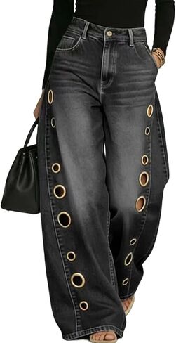 Tbahhir High Waisted Wide Leg Jeans for Women Cut Out Metal Boyfriend Baggy Denim Pants Casual Hollow Out Trendy Trousers in Kuwait