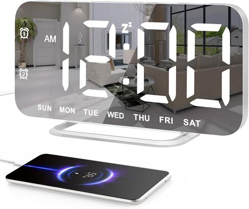 Slim LED Digital Alarm Clock, Mirror Surface for Makeup, with Diming, Large Display, Easy Setting, USB Charger Ports, Modern Bedroom, Desk, Office Living Room Decor, Christmas Birthday for Women Girl in Saudi Arabia