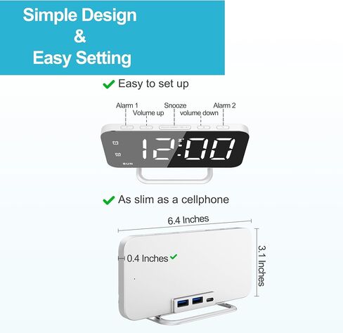 Slim LED Digital Alarm Clock, Mirror Surface for Makeup, with Diming, Large Display, Easy Setting, USB Charger Ports, Modern Bedroom, Desk, Office Living Room Decor, Christmas Birthday for Women Girl in Saudi Arabia