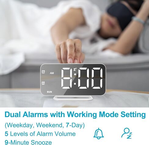 Slim LED Digital Alarm Clock, Mirror Surface for Makeup, with Diming, Large Display, Easy Setting, USB Charger Ports, Modern Bedroom, Desk, Office Living Room Decor, Christmas Birthday for Women Girl in Saudi Arabia