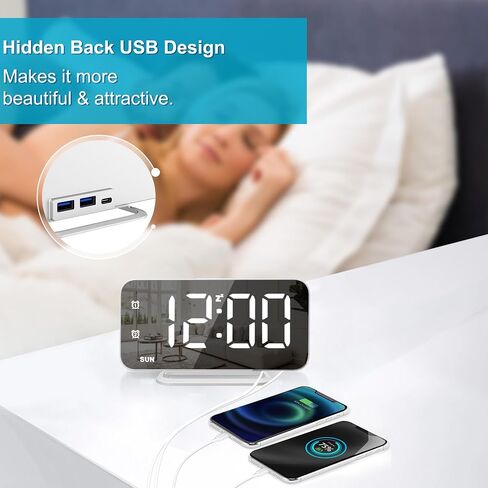 Slim LED Digital Alarm Clock, Mirror Surface for Makeup, with Diming, Large Display, Easy Setting, USB Charger Ports, Modern Bedroom, Desk, Office Living Room Decor, Christmas Birthday for Women Girl in Saudi Arabia