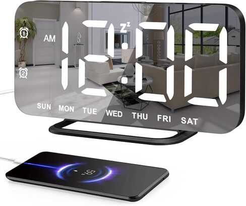 Slim LED Digital Alarm Clock, Mirror Surface for Makeup, with Diming, Large Display, Easy Setting, USB Charger Ports, Modern Bedroom, Desk, Office Living Room Decor, Christmas Birthday for Women Girl in Saudi Arabia