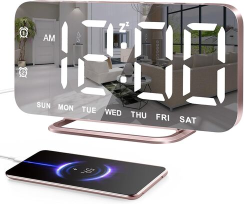 Slim LED Digital Alarm Clock, Mirror Surface for Makeup, with Diming, Large Display, Easy Setting, USB Charger Ports, Modern Bedroom, Desk, Office Living Room Decor, Christmas Birthday for Women Girl in Saudi Arabia