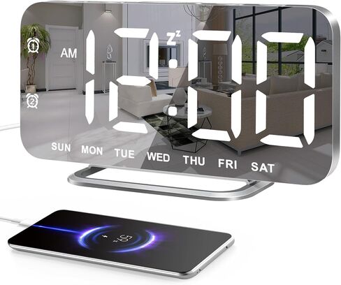 Slim LED Digital Alarm Clock, Mirror Surface for Makeup, with Diming, Large Display, Easy Setting, USB Charger Ports, Modern Bedroom, Desk, Office Living Room Decor, Christmas Birthday for Women Girl in Saudi Arabia