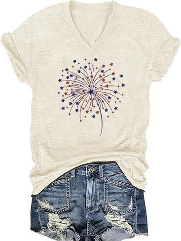 V Neck 4th of July for Women Casual American Flag USA Graphic Patriotic T-Shirt Memorial Tops Party Tee in Saudi Arabia