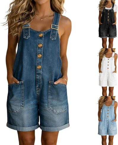 Denim Overall Shorts for Women Jean Romper Sleeveless Loose Fit Denim Short Overalls with Pockets Summer Jumpsuits in Kuwait