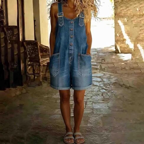 Denim Overall Shorts for Women Jean Romper Sleeveless Loose Fit Denim Short Overalls with Pockets Summer Jumpsuits in Kuwait