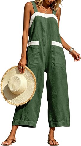 Himosyber Women's Cotton Linen Jumpsuits Color Block Wide Leg Overalls Adjustable Strap Casual Summer Rompers with Pockets in Saudi Arabia